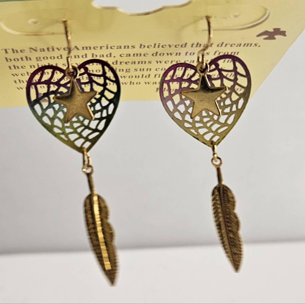 Dream Catcher Earrings Gold Heart Multu-Color-  Feather Drop - Picture 2 of 2